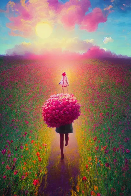 Image similar to giant flower head, girl walking in a flower field, surreal photography, sunrise, dramatic light, impressionist painting, colorful clouds, digital painting, artstation, simon stalenhag