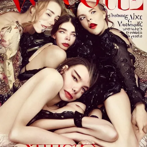 Image similar to stunning vogue magazine photo of dark - haired goddesses vanessa kirby, hailee steinfeld, and bjork smiling, legs intertwined, laying back on the bed, with wet faces!!, wet lips, smooth skin, perfect eyes, insanely detailed, elegant, by wlop, rutkowski, livia prima, mucha, wlop,