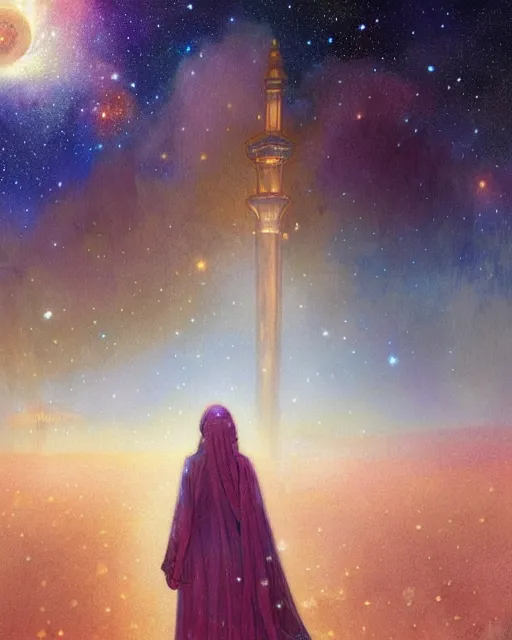 Image similar to bedouin child praying in galaxy walking towards mosque surrounded by nebula, highly detailed, gold filigree, romantic storybook fantasy, soft cinematic lighting, award, disney concept art watercolor illustration by mandy jurgens and alphonse mucha and alena aenami, pastel color palette, featured on artstation