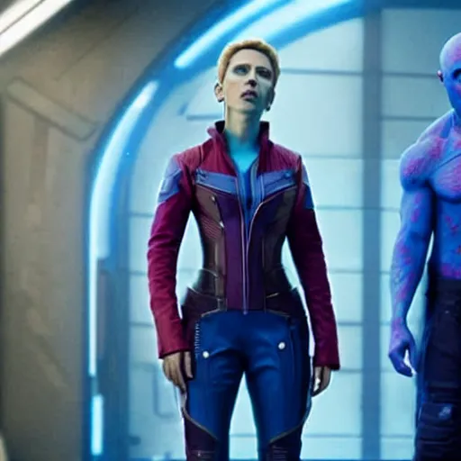 Prompt: film still of bald and blue Scarlett Johansson as Nebula in Guardians of the galaxy