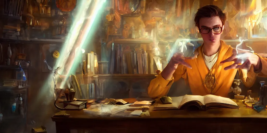 Image similar to a young caucasian male mage they are in a alchemy workshop working at there desk. colorful, light rays, medium shot, waist up, sharp, bloom, dramatic lighting, very detailed, by pixar, dreamworks and marvel