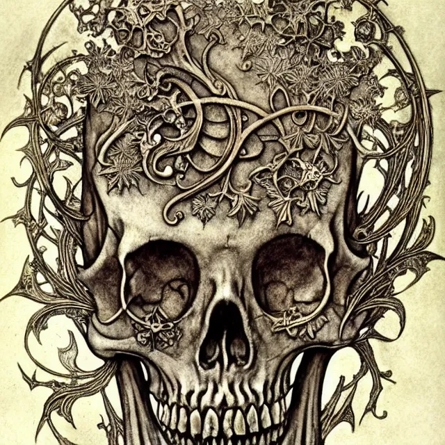 Image similar to memento mori by arthur rackham, art forms of nature by ernst haeckel, exquisitely detailed, art nouveau, gothic, ornately carved beautiful skull dominant, intricately carved antique bone, art nouveau botanicals, ornamental bone carvings, art forms of nature by ernst haeckel, horizontal symmetry, arthur rackham, ernst haeckel, symbolist, visionary