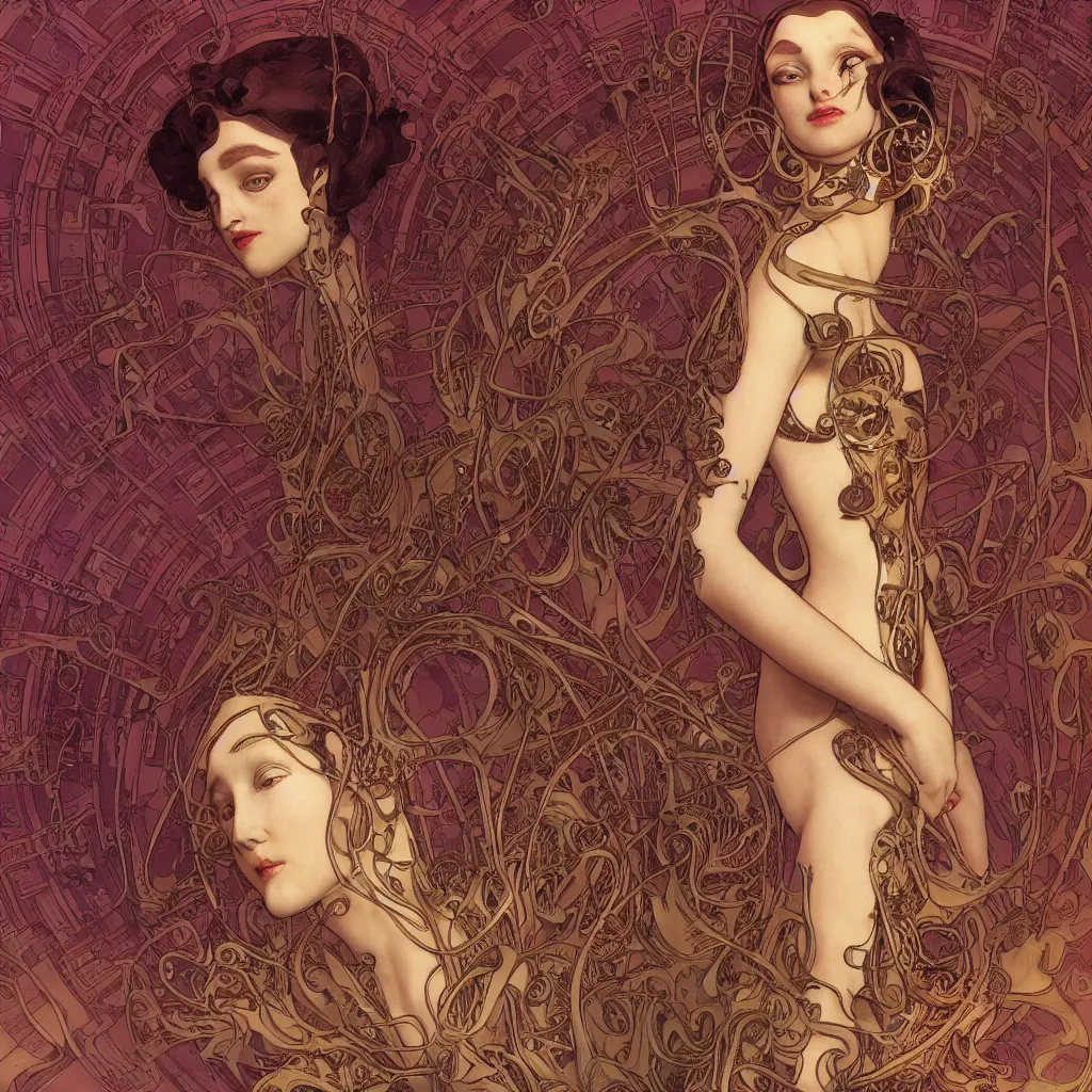 Prompt: a dramatic art nouveau panorama portrait of a malevolent and seductive alien space queen, perfectly symmetrical facial features, beautiful confident eyes, photorealism, by alphons mucha, bill sienkiewicz, geof darrow, travis charest and ralph bakshi, sensual volumetric lighting, vray render, zbrush, artstation, deviantart, the liberator