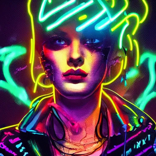 Prompt: splashes of neon, punk portrait made out of paint, trending on artstation, epic composition, emotional, beautiful, rendered in octane, highly detailed, realistic, comic book art