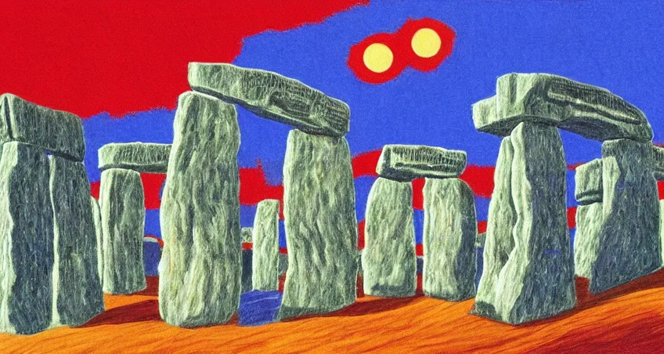 Image similar to color sketch of stonehenge, highly detailed, dramatic lighting, intense shadows, rich deep colours, by david hockney