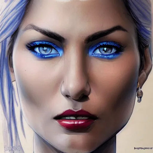 Image similar to closeup on the blue - within - blue colored eyes of ibad of a beautiful brown - skin woman, intricate, elegant, highly detailed, smooth, sharp focus, full body, detailed face, high contrast, art by ardian syaf,