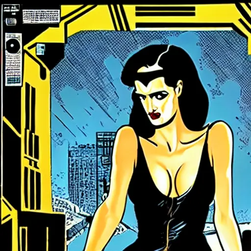 Prompt: eva green as high tech spy, art by jim steranko