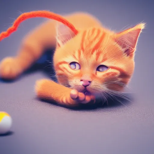 Image similar to orange tabby kitten playing with a ball of yarn, octane render, 4 k