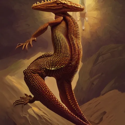 Image similar to fullbody!! dynamic action pose, christ as a scaly cold blooded reptilian lizard, intricate, humorous, absurd, highly detailed, digital painting, artstation, concept art, smooth, sharp focus, illustration, art by artgerm and greg rutkowski and alphonse mucha