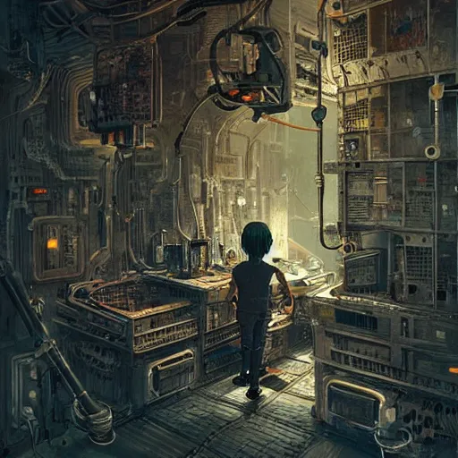 Image similar to minimalist cyborg midget inside byzantine kowloon hoarder labaratory, portrait by by greg rutkowski and h. r. giger and stalenhag and deak ferrand, studio ghibli composition