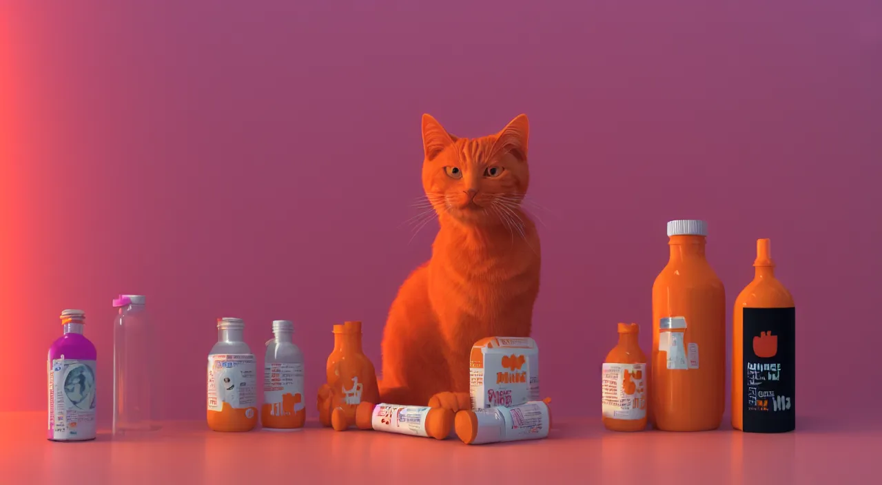 Image similar to An orange cat is smiling, 2 bottles of medicine next to the cat, retro wave, pink hues, octane render,