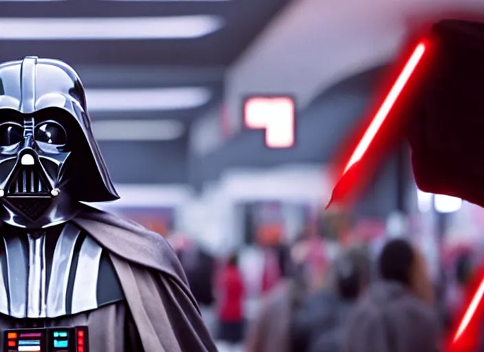 Image similar to film still of Darth Vader goes to the mall at Christmas time in the new Star Wars movie, 4k