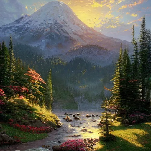 Prompt: thomas kinkade oil painting of mount rainier, craig mullins, greg rutkowski