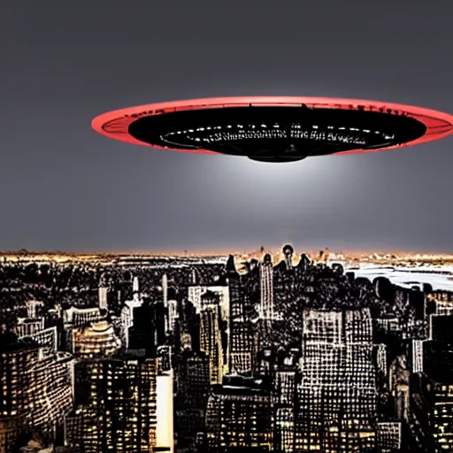 Prompt: colony starship hovering over New York City in the style of Paul Chadeisson