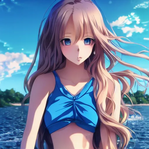 Image similar to a very beautiful anime girl, full body, long wavy blond hair, sky blue eyes, full round face, short smile, cute top, short jeans, summer lake setting, cinematic lightning, medium shot, mid-shot, highly detailed, trending on Artstation, Unreal Engine 4k, cinematic wallpaper by Stanley Artgerm Lau, WLOP, Rossdraws, James Jean, Andrei Riabovitchev, Marc Simonetti, and Sakimichan