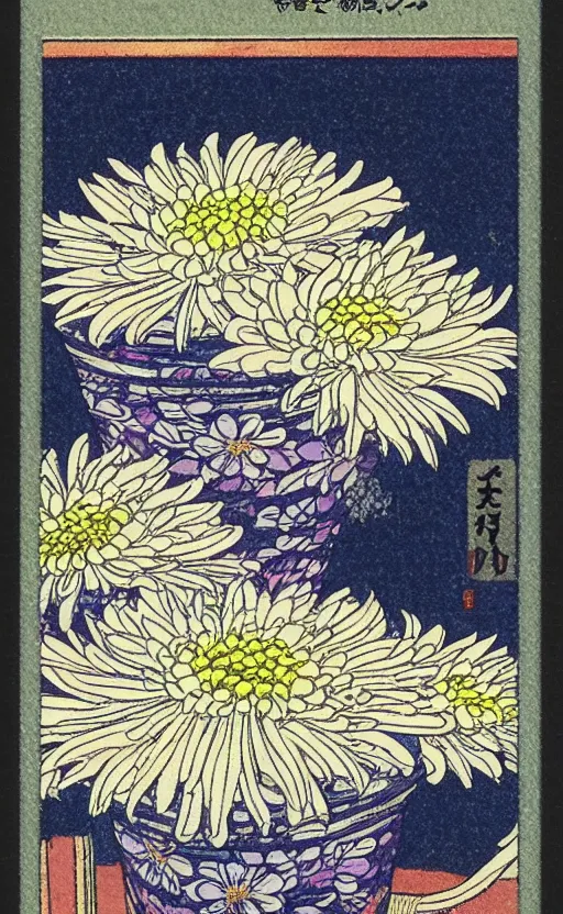 Prompt: by akio watanabe, manga art, chrysanthemum inside sake cup, trading card front