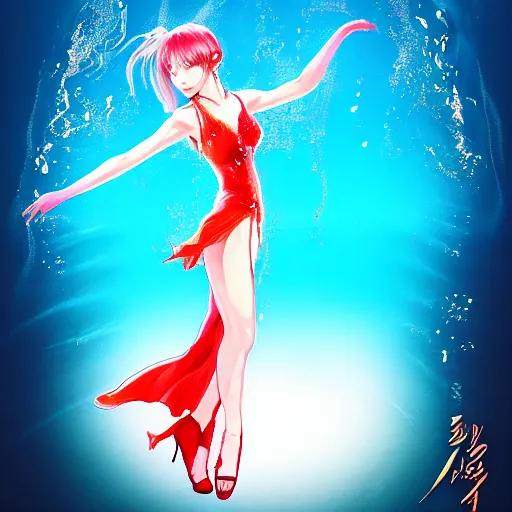 Image similar to semi realistic portrait Salsa Dancing inside clear blue ocean water in blade and soul spinoff by Hyung-tae Kim and by Artgerm Lau , color overlay, rim light and highlights , Gesture draw, Salsa Social Dance, couple, Salsa tricks, WLOP, Hyung-tae Kim, Rossdraws, Gesture draw, James Jean, Andrei Riabovitchev, Marc Simonetti, and Sakimichan, trending on artstation