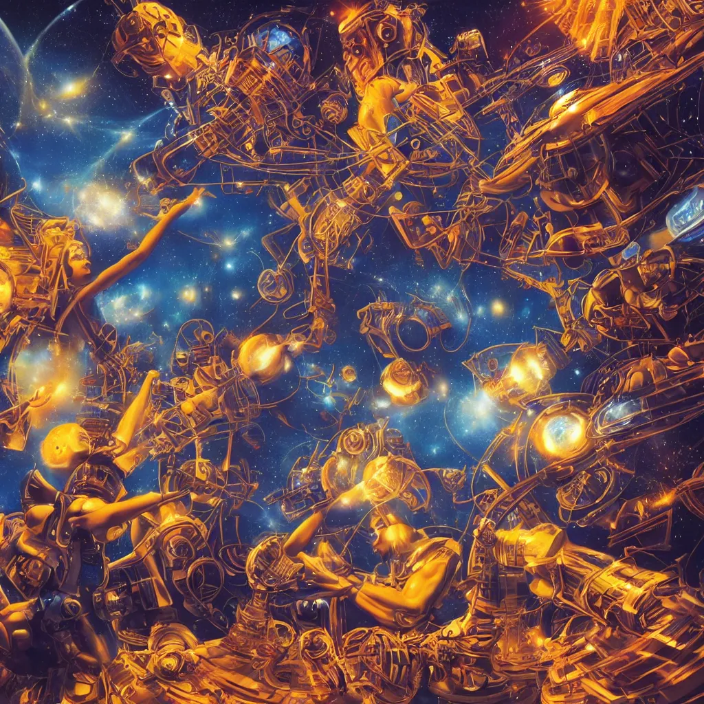 Prompt: dub music the marvels of the universe and infinity rises in your soul, greg hildebrandt, 8 k, octane render