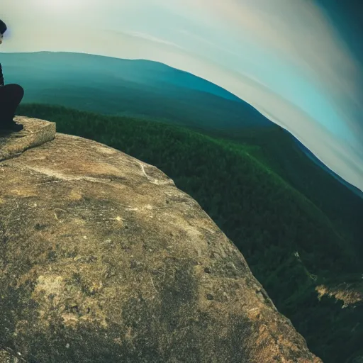 Image similar to a lonely god sits on a mountain overlooking the vast empty world he once ruled, fisheye lens, cinematic, cinematic lighting, cinematic atmosphere