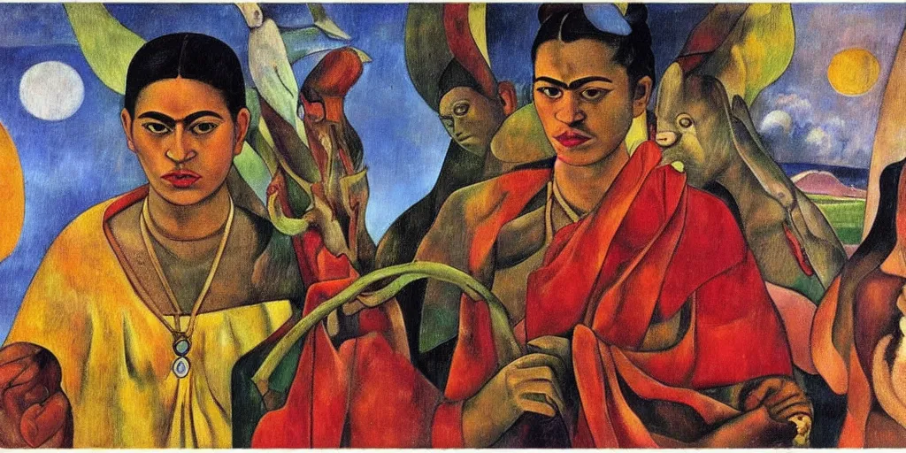 Image similar to supernatural vatican n paul gauguin, art by frida kahlo show poster, sharp focus, smooth