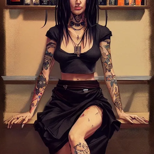 Prompt: captivating bar maid, tattoos, black t - shirt, black skirt, detailed portrait, intricate complexity, by greg rutkowski, artgerm, ross tran, conrad roset, takato yomamoto, ilya kuvshinov. 4 k, beautiful, cinematic dramatic atmosphere