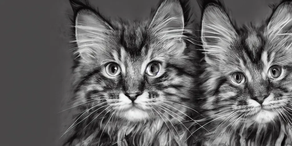 Image similar to shower curtain product catalog. on the curtain is a watercolor with ink under drawing of a maine coon kitten. wide - angle product photography, product lighting. 4 k, highly detailed. saturated.