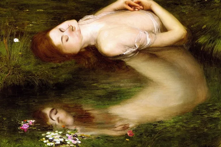 Prompt: a virtuosic portrait of a beautiful young drowned girl, lying floating with closed eyes in the dark waters of a river surrounded by high green grass and many fine flowers, wearing a nicely crafted antique dress, by sir john everett millais, realistic, hyperdetailed, ethereal, sad, masterpiece, oil painting