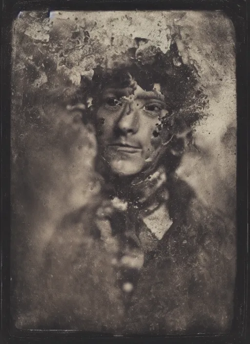 Image similar to old wetplate daguerreotype portrait, explosion of data fragments, fractal, intricate, elegant, highly detailed, parallax, leica, medium format, subsurface scattering, by oskar kokoschka