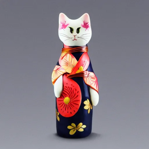 Image similar to demure anthropomorphic cat figurine wearing a kimono