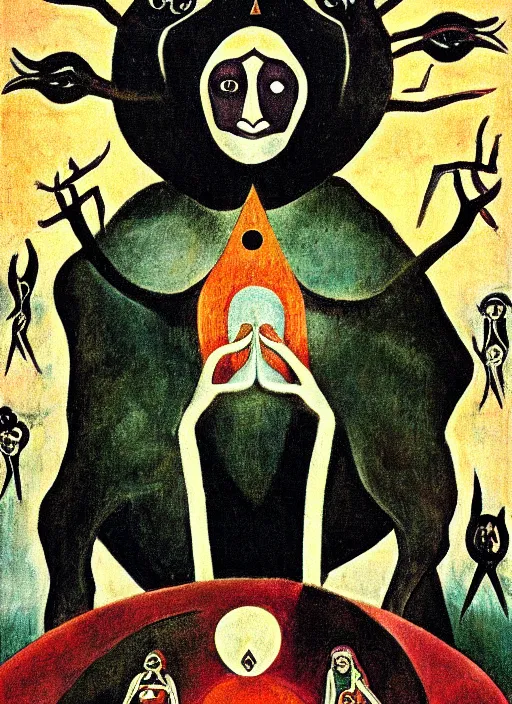 Image similar to tarot card by leonora carrington in the style of a psychedelic 6 0's poster