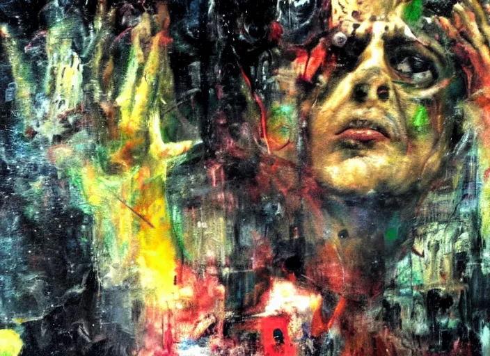 Prompt: a still from an occult horror movie by dario argento, alejandro jodorowsky and kenneth anger, close - up : : oil painting by adrian ghenie