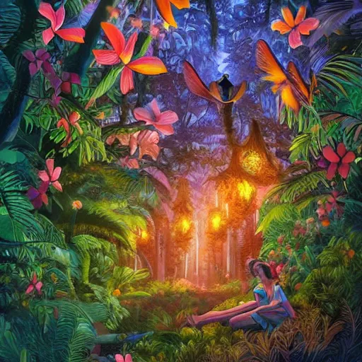 Prompt: an enchanted forest full of tropical flowers and fireflies, by joe jusko, trend in artstation