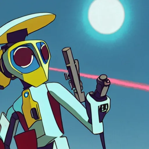 Image similar to canti the robot from flcl anime, he is holding a valorant style sniper rifle in the map haven holding a heaven.