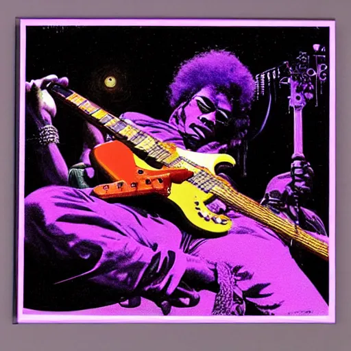 Prompt: Jimi Hendrix sitting on the rings of Saturn playing \'Purple Haze\' on his electric guitar by Moebius