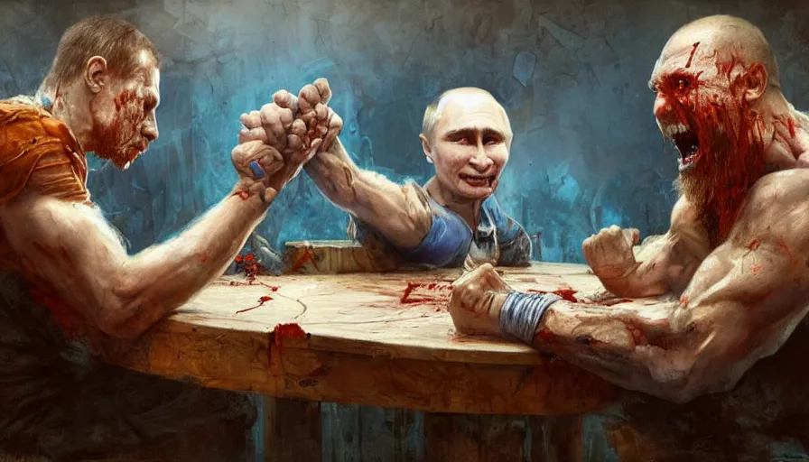 Image similar to arm wrestling between putin and his mind, hyperrealistic, digital concept art, caricature illustration, comics, bloody, violent. horror. art by gaston bussiere and greg rutkowski in yelow and blue color
