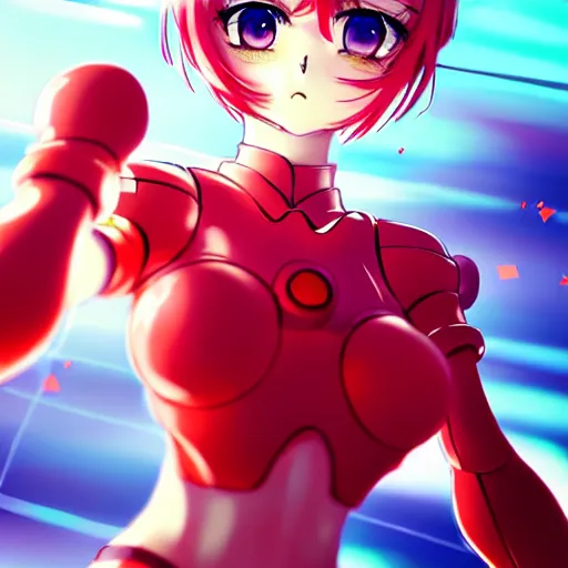 Prompt: digital anime art, wlop, rossdraws, sakimimichan, > > very small cute girl < < standing on a large table, red mech arms and red mech legs,