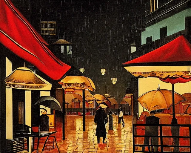 Image similar to a melancholy rainy night in a food street of cyberpunk city de chirico