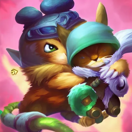 Prompt: league of legends teemo holds yuumi by her scruff, league of legends splash art