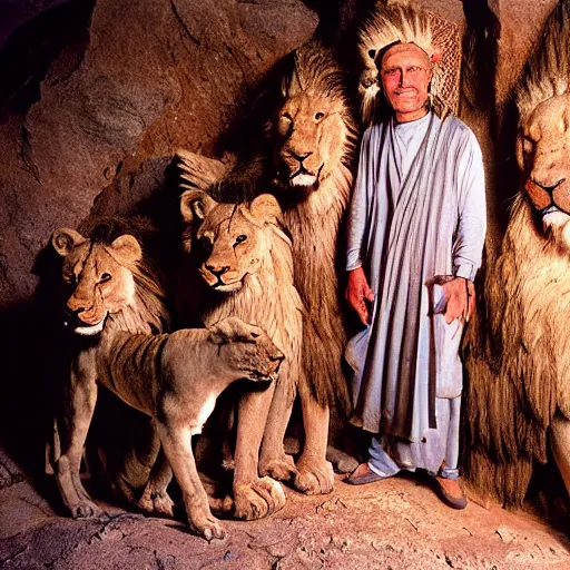 Image similar to 3 5 year old man in ancient canaanite clothing surrounded by ferocious lions. cave interior background. ektachrome photograph, volumetric lighting, f 8 aperture, cinematic eastman 5 3 8 4 film