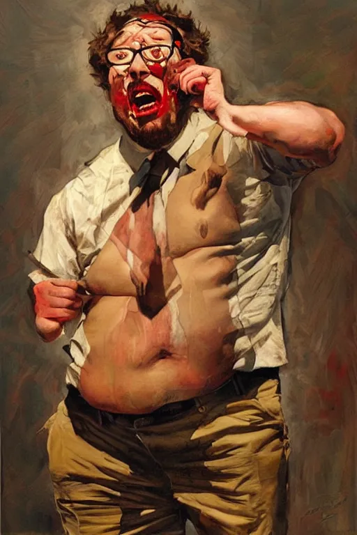 Image similar to ugly, bloated, red faced sam hyde, screaming, painting by jc leyendecker!! phil hale!, angular, brush strokes, painterly, vintage, crisp