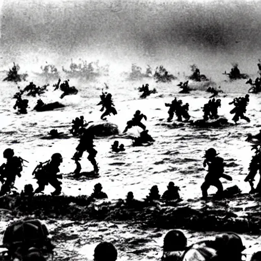 Image similar to the running soldiers in the sea in the d - day, by robert capa,