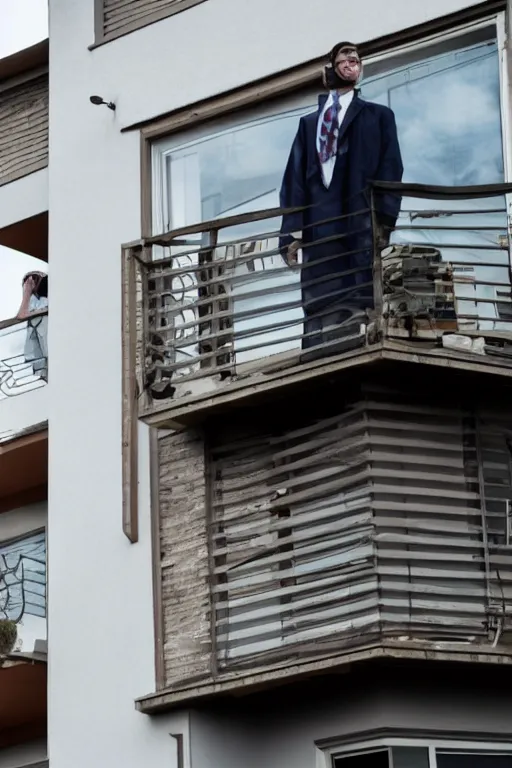 Image similar to A government man from Half-life stands on the balcony of a two-story panel house and watches