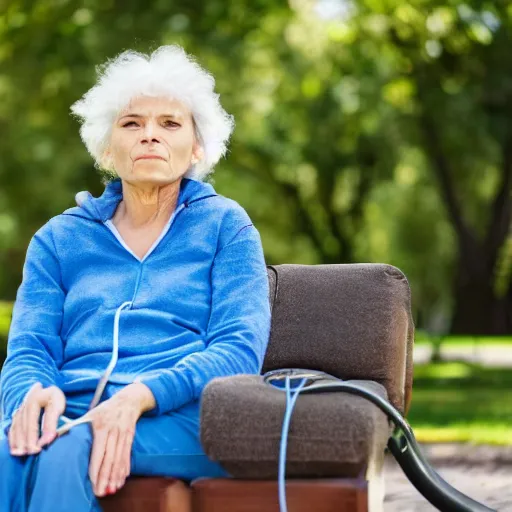 Prompt: an older woman sitting in a park using an oxygen tank. the oxygen tubing is attached to her nose, 4 k,