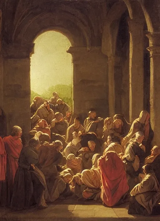 Image similar to elisabeth louise vigee - le brun painting of crowd of medieval monks raising new magical glowing spirit, old master painting with stunning lighting and details photoreal dusk sun lit light,