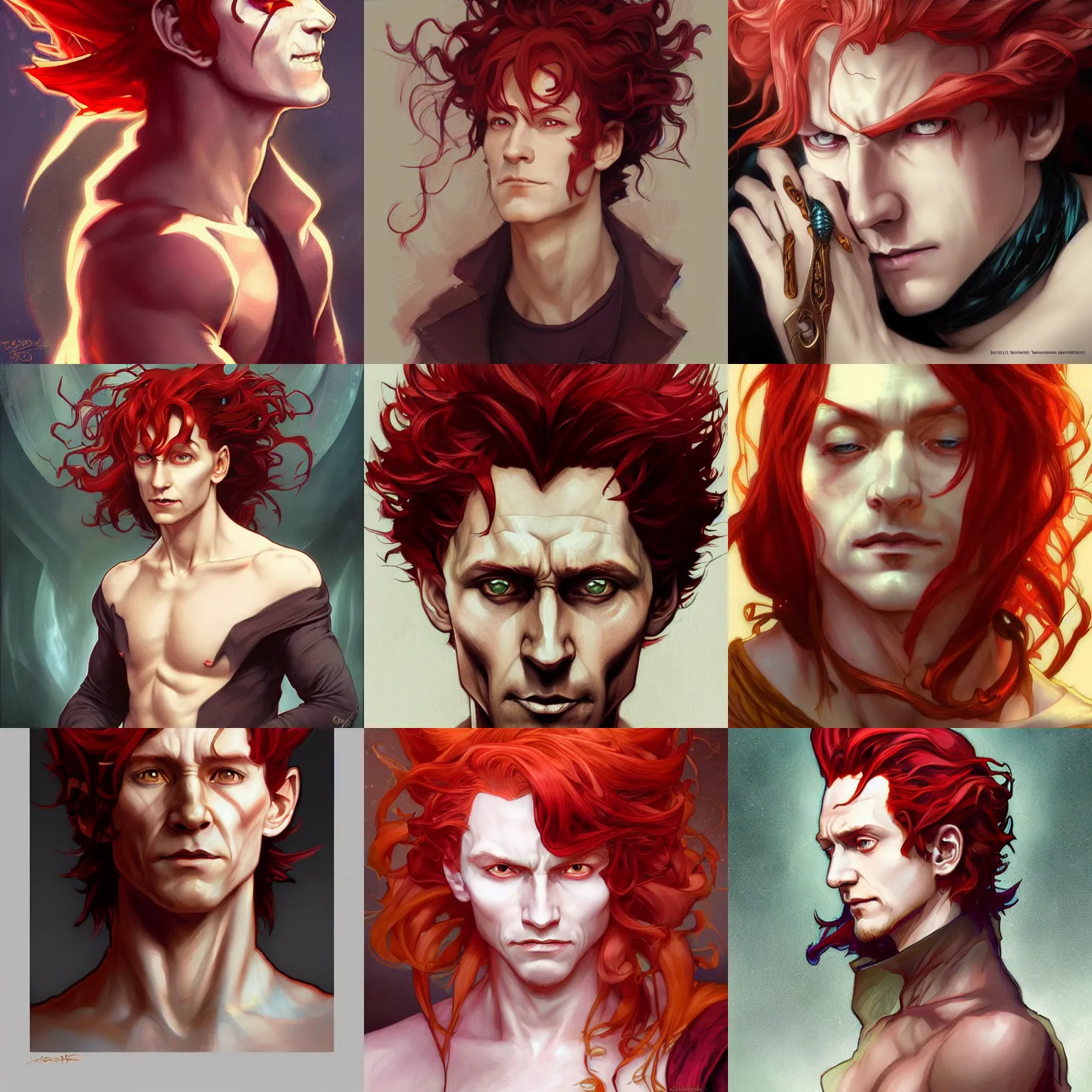 Prompt: hisoka, tom hiddleston, art by artgerm and greg rutkowski and alphonse mucha, reddish hair, sly expression, d & d, fantasy, portrait, highly detailed, headshot, digital painting, trending on artstation, concept art, sharp focus, illustration