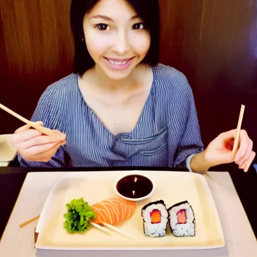 Image similar to photo of a beautiful Japanese girl eating sushi, symmetrical, golden ratio, happy,