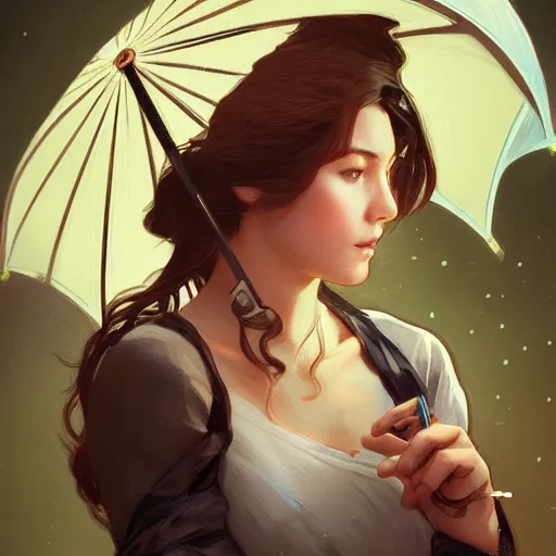 Image similar to portrait of a young woman holding an umbrella, raining, at night, looking sad, intricate, headshot, highly detailed, digital painting, artstation, concept art, sharp focus, cinematic lighting, illustration, art by artgerm and greg rutkowski, alphonse mucha, cgsociety