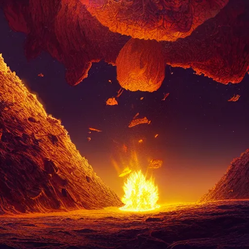 Image similar to Digital art of a meteorite containing an insect hive burning up in the atmosphere, Wayne Barlowe, Mike Winkelmann, Jessica Rossier 4k prehistoric geology space hubble start nebula