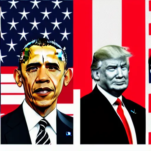 Image similar to obama with an american flag wrapped around his head, trump and putin in greyscale look on forebodingly in the background, red chinese flowers in the background, chinese characters in the foreground