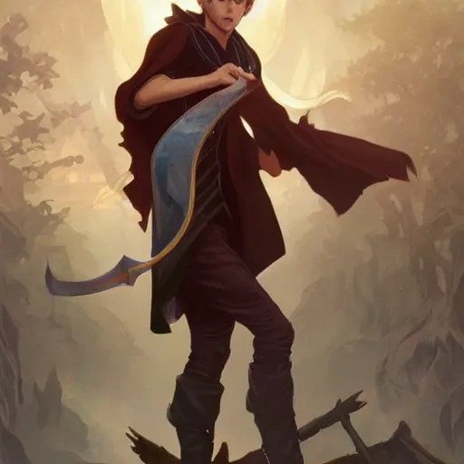 Image similar to a photorealistic male wizard teenager wearing wizard outfit, sharp focus, illustration, art by artgerm and greg rutkowski and alphonse mucha